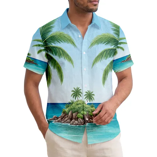 Tropical Beach Scene Serene Turquoise Ocean Island Palm Trees Sandy Beach - Home Decor Gift Hawaiian Shirt