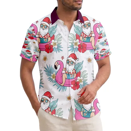 Santa Claus Flamingo Float Tropical Flowers Christmas Holiday Gift for Family Hawaiian Shirt