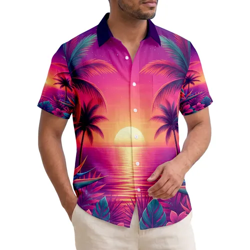 Deep Starry Gradient Sky Sun Tropical Sunset Palm Trees Exotic Blooms Travel Essentials Hawaiian Shirt