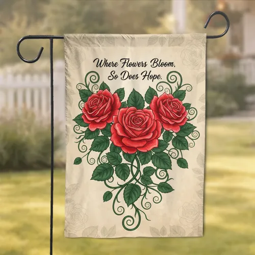 Red Roses Green Leaves 'Where Flowers Bloom, So Does Hope.' - Uplifting Home Decor Gift Garden Flag