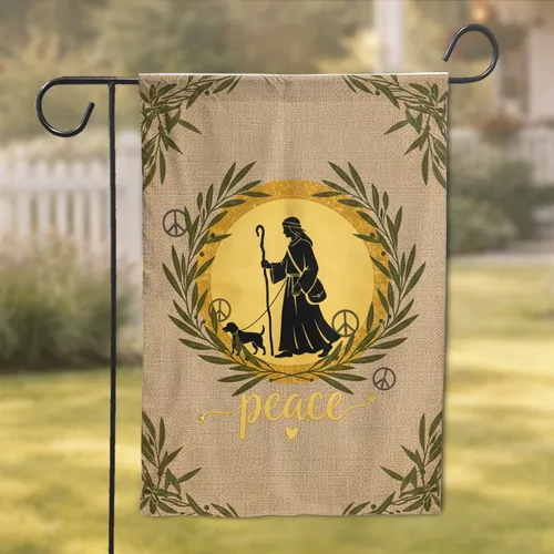 Peaceful Wanderer Dog Sun Olive Branch - Rustic Home Decor Gift Garden Flag