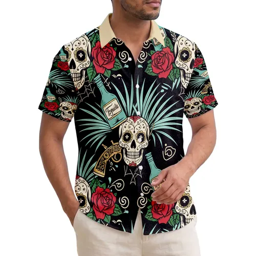 Ornate Sugar Skulls Red Roses Tequila Pistols - Festive Celebration Gift Hawaiian Shirt