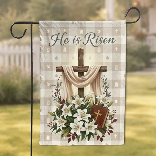 Rustic Cross Easter Lilies Bible He is Risen - Easter Celebration Christian Home Decor Garden Flag