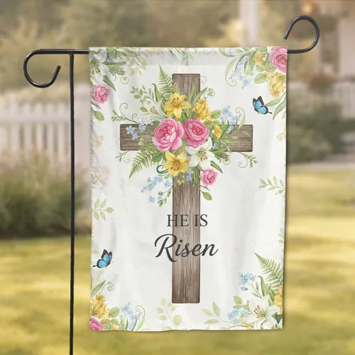 He Is Risen Cross Spring Flowers Easter Celebration Christian Home Decor Gift Garden Flag