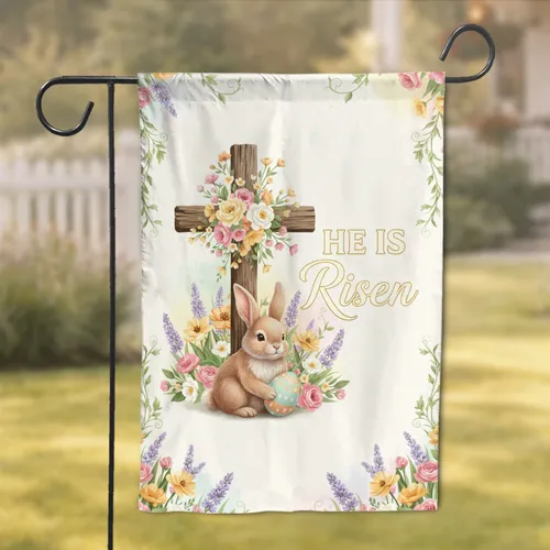 HE IS Risen Rustic Cross Easter Bunny Wildflowers - Easter Holiday Gift Garden Flag