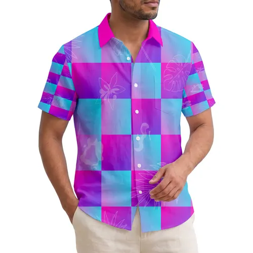 Monstera Palm Frond Ocean Wave Checkerboard - Tropical Beach Lifestyle Gift Hawaiian Shirt