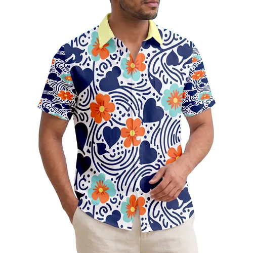 Tropical Orange Blue Yellow Centered Flowers Heart Leaves Ocean Currents - Home Decor Gift Hawaiian Shirt