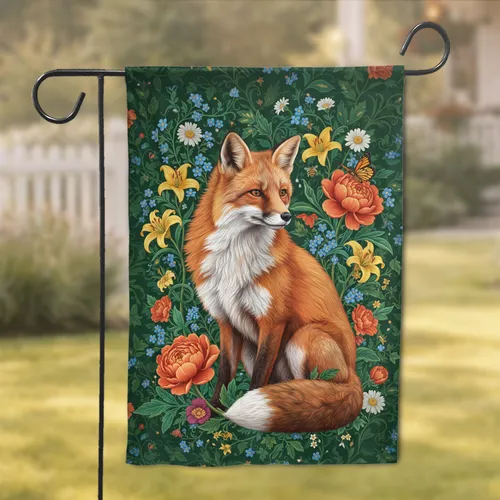 Red Fox Wildflowers Orange Peonies Yellow Lilies - Nature Lover Home Decor Gift Garden Flag