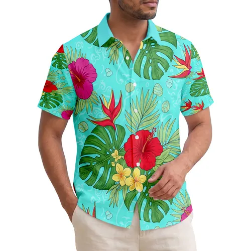 Tropical Red Hibiscus Heliconia Lush Green Leaves Palm Fronds - Summer Vacation Gift Hawaiian Shirt