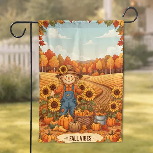 Smiling Scarecrow Sunflowers Pumpkins 'FALL VIBES' - Fall Harvest Decor Gift Garden Flag