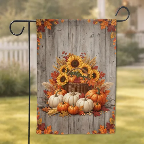 Rustic Autumn Harvest Pumpkins Sunflowers Wooden Wall - Fall Farmhouse Decor Garden Flag