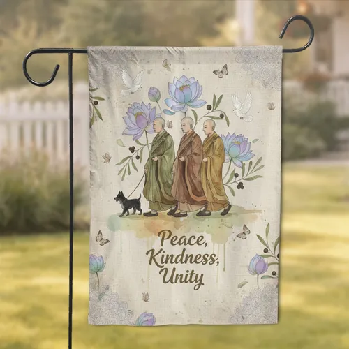 Buddhist Monks Dog Lotus Olive Doves - Meditative Home Decor Gift For Peace Lover Garden Flag