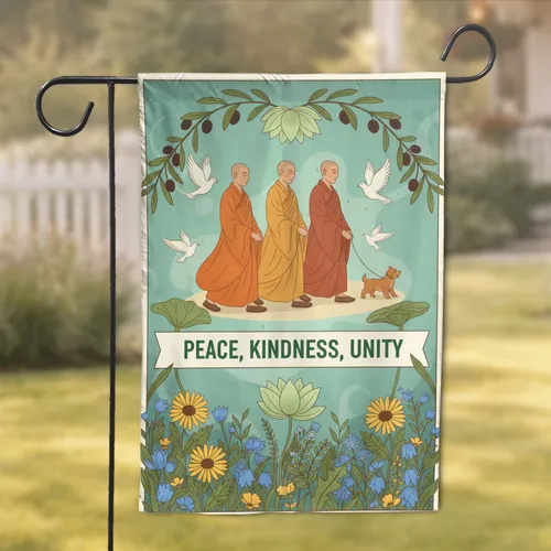 Walking Monks Doves Lotus Wildflowers Peace Kindness Unity - Home Decor Gift Garden Flag