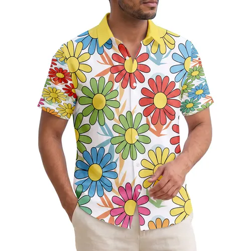 Yellow Center Daisy Flowers Tropical Foliage - Beach Vacation Home Decor Gift Hawaiian Shirt