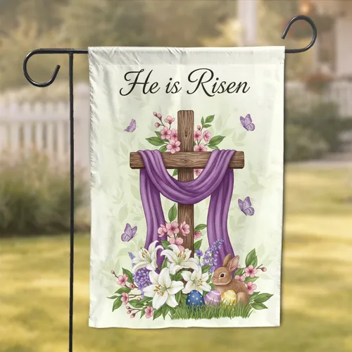 He Is Risen Wooden Cross Easter Bunny Spring Blossoms - Easter Holiday Gift Garden Flag