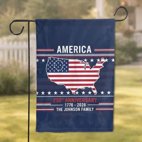 US Map Betsy Ross Flag America Stars Stripes 250th Anniversary Custom Family Name Garden Flag