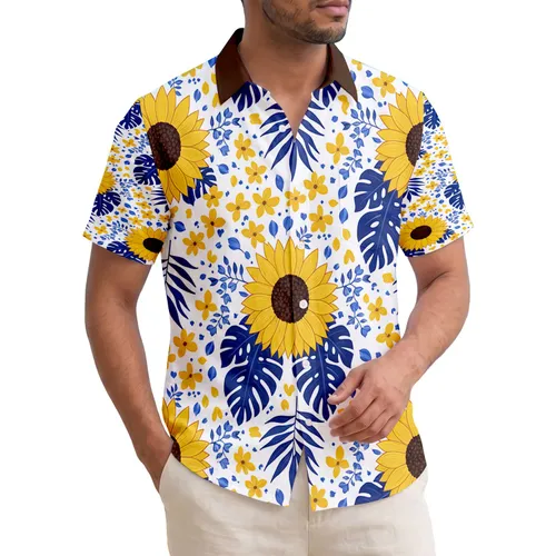 Bright Yellow Sunflowers Navy Blue Tropical Leaves Blossoms - Home Decor Gift Hawaiian Shirt