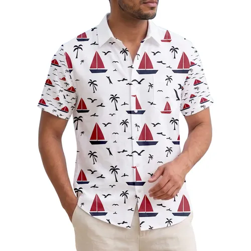 Tropical Hawaiian Sailboats Seagulls Palm Trees Scene - Vacation Travel Gift for Ocean Lover Hawaiian Shirt