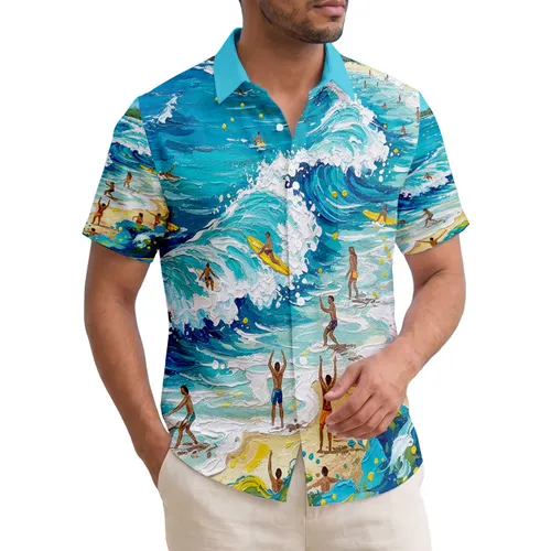 Tropical Ocean Waves Surfers Swimmers Sandy Beach Scene - Summer Lifestyle Gift Hawaiian Shirt