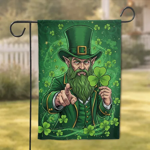 Pointing Leprechaun Shamrocks Green Celtic Knot - Enchanted Irish Heritage Home Decor Gift Garden Flag