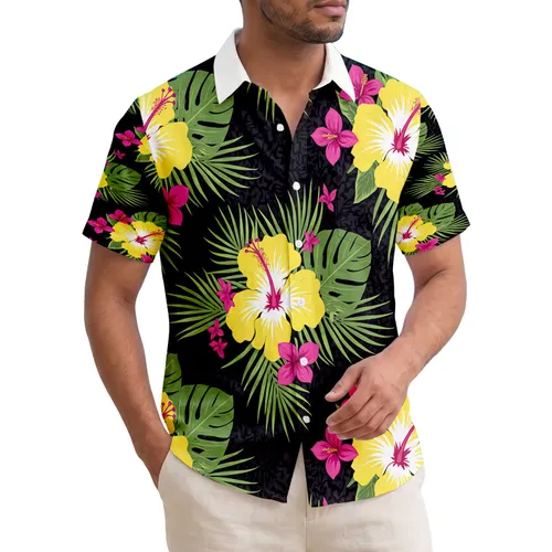 Yellow Hibiscus Fuchsia Tropical Flowers Monstera Palm - Tropical Lifestyle Gift Hawaiian Shirt