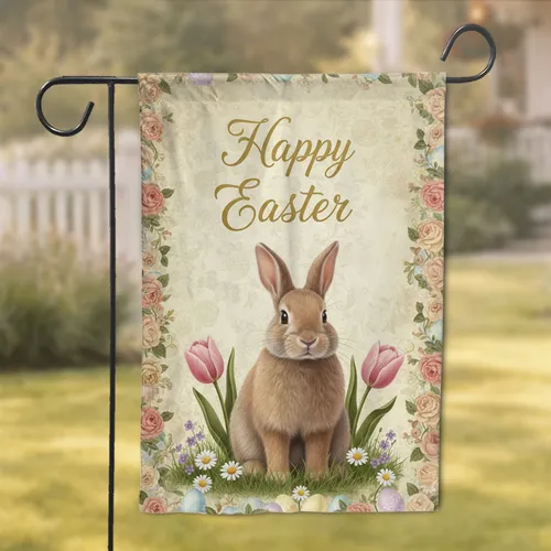 Fluffy Rabbit Happy Easter Tulips Daisies Floral Eggs - Spring Holiday Celebration Gift Garden Flag
