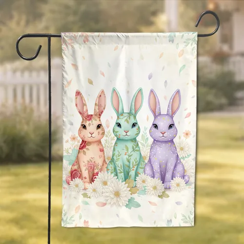 Three Decorative Bunnies Floral - Home Decor Gift for Bunny Lovers Garden Flag