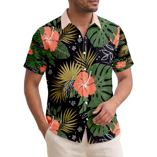 Monstera Palm Hibiscus Tropical Foliage Black Background - Island Getaway Vacation Gift Hawaiian Shirt