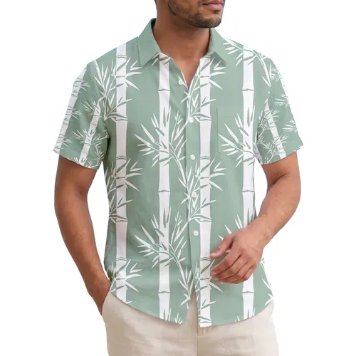 Continuous Tropical White Bamboo Leaves with Sage Green Vertical Stripes Home Decor Gift Hawaiian Shirt