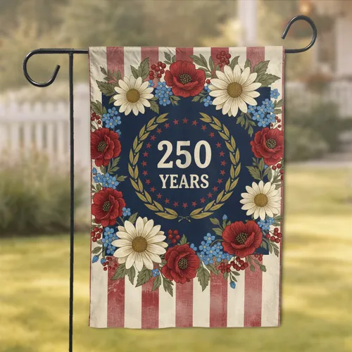 250 Years Laurel Wreath American Flag Patriotic Floral - USA 250th Anniversary Garden Flag