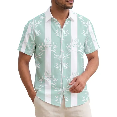 Tropical White Bamboo Stalks Slender Leaves Vertical Stripes Home Decor Gift Hawaiian Shirt