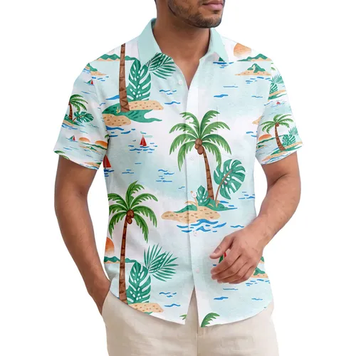 Palm Trees Island Sailboats Ocean Waves Beach Tropical Sun - Beach Vacation Gift Hawaiian Shirt