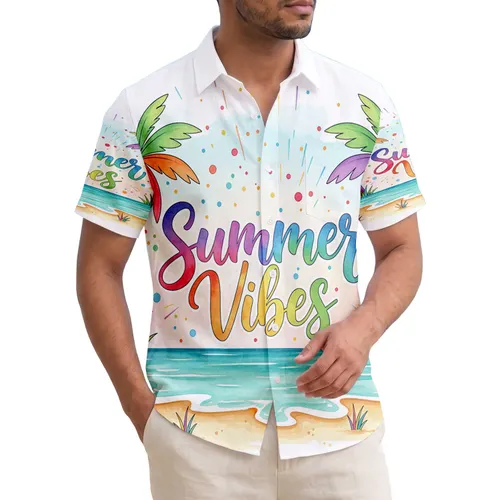 Summer Vibes Rainbow Palm Trees Beach Scene - Beach Holiday Gift Hawaiian Shirt