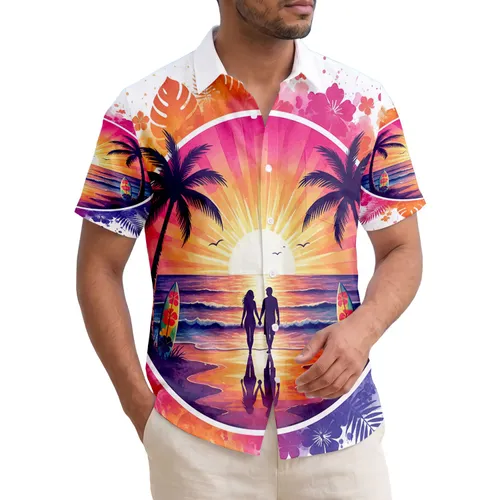 Tropical Beach Sunset Couple Palm Trees Surfboards - Romantic Beach Vacation Gift Hawaiian Shirt