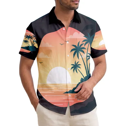 Tropical Sunset Ocean Island Palm Trees Outcrop - Beach Vacation Gift for Vacationers Hawaiian Shirt