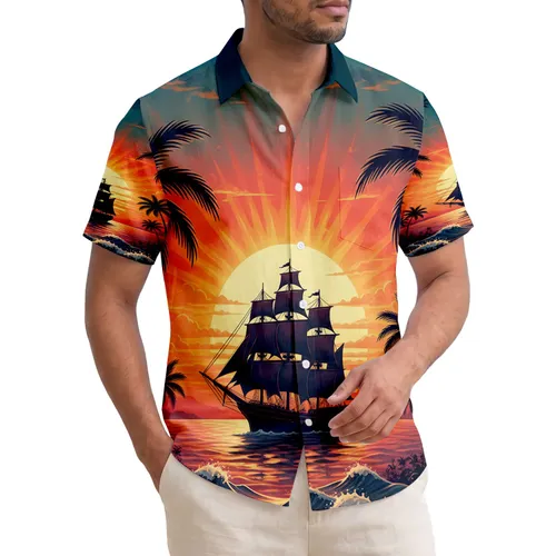 Majestic Tall Ship Palm Trees Ocean Waves Sunset - Coastal Home Decor Gift Hawaiian Shirt
