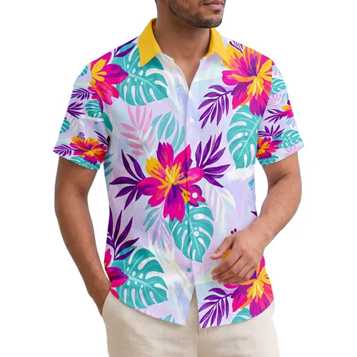Hot Pink Yellow Purple Tropical Flowers Monstera Leaves Palm Fronds Home Decor Gift Hawaiian Shirt
