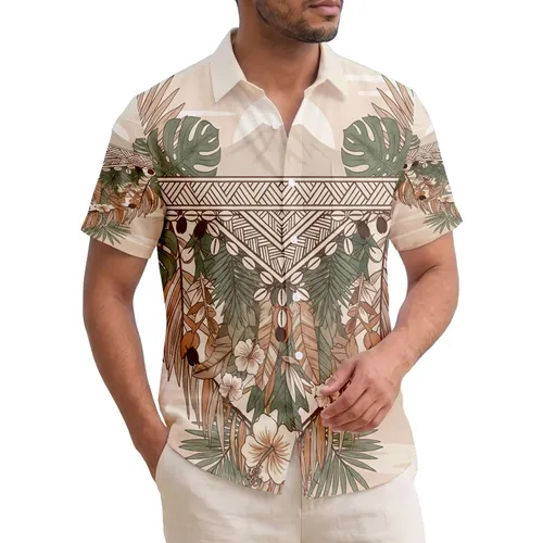 Palm Fronds Hibiscus Chevron Kapa Shells Sandy Beach - Tropical Island Lifestyle Gift Hawaiian Shirt