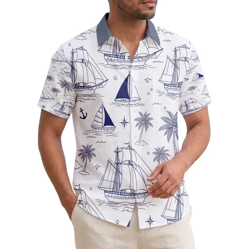 Tropical Sailing Ships Palm Trees Island View Scene - Home Decor Gift for Nautical Lover Hawaiian Shirt