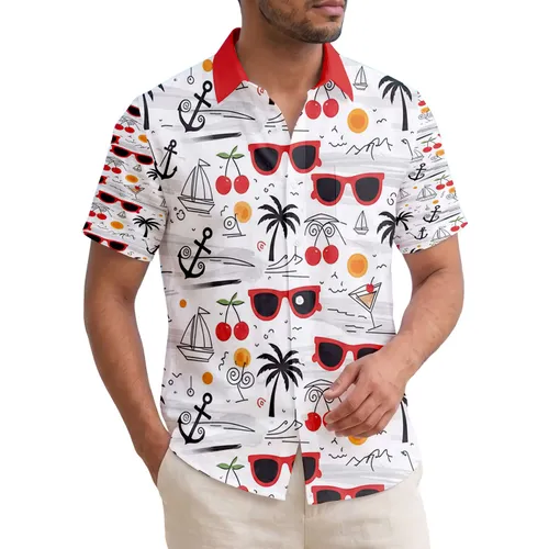 Red Sunglasses Martini Palm Trees Anchor Sailboats - Travel Essentials Hawaiian Shirt