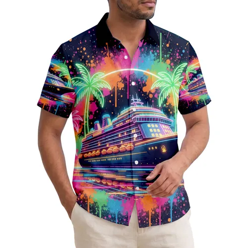 Glowing Neon Cruise Ship Palm Trees - Vacation Trip Gift for Travelers Hawaiian Shirt