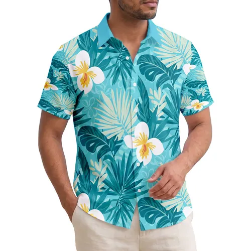 White Tropical Flowers Palm Fronds Teal Blue Green Leaves Aqua - Island Lifestyle Home Decor Hawaiian Shirt