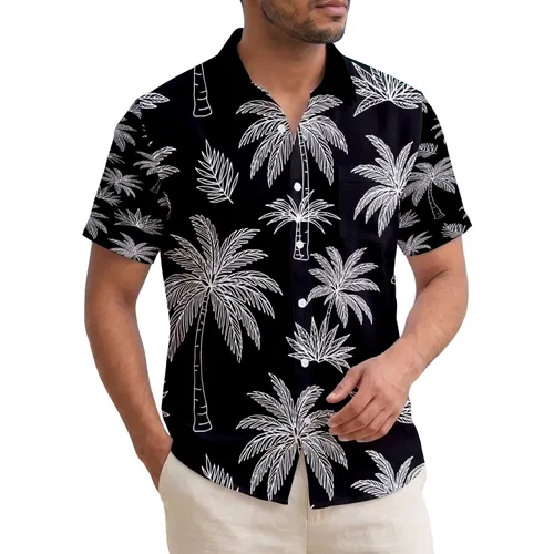 White on Black Tropical Palm Tree Frond Silhouettes Coastal Beach Lover Vacation Travel Gift Hawaiian Shirt