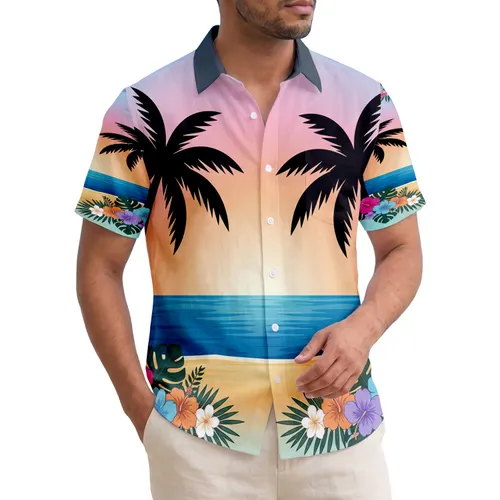 Black Palm Trees Sunset Beach Tropical Hibiscus Plumeria Floral - Island Getaway Gift Hawaiian Shirt