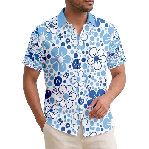 Light Blue Dark Blue White Five-Petal Flowers Polka Dot Leaves - Summer Travel Essentials Hawaiian Shirt