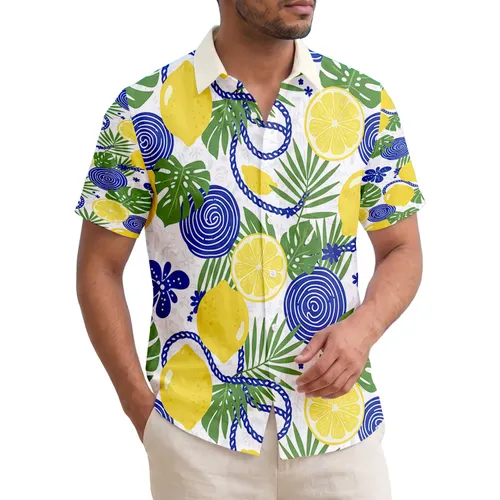Tropical Lemons Green Leaves Blue Rope - Tropical Lifestyle Gift Hawaiian Shirt