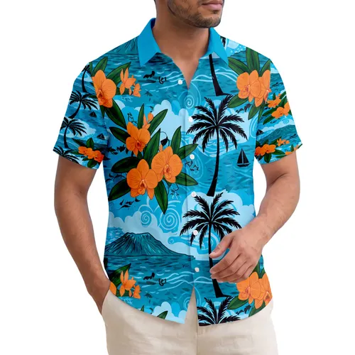 Orange Orchids Sailboats Palm Trees Volcanic Islands Ocean - Tropical Travel Essentials Hawaiian Shirt
