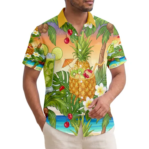 Pineapple Bowl Fruit Cocktails Palm Trees Beach Scene - Tropical Vacation Gift for Travel Lover Hawaiian Shirt