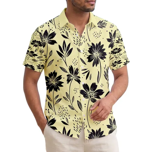 Black Tropical Flowers & Leaf Shapes Lemon Yellow - Tropical Decor Summer Lifestyle Gift Hawaiian Shirt