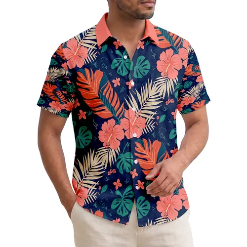 Four-Petal Coral Flowers Hibiscus Palm Fronds Tropical Leaves - Everyday Tropical Style Gift Hawaiian Shirt